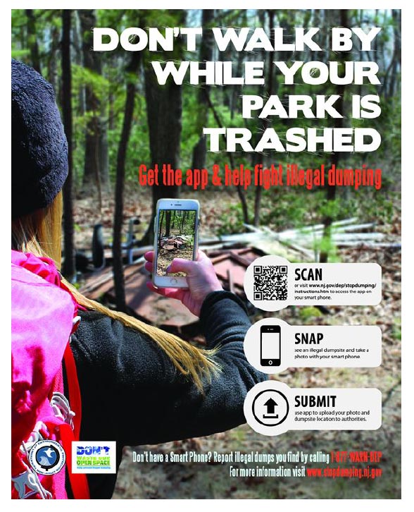 poster of woman taking a picture with her phone of a dump site in the woods.