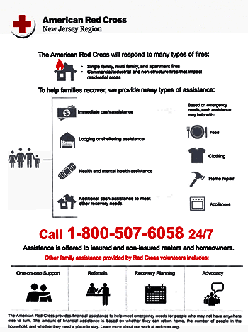 Flyer provided by the Red Cross  promoting its assistance to victims of fire. Call 1-800-507-6058